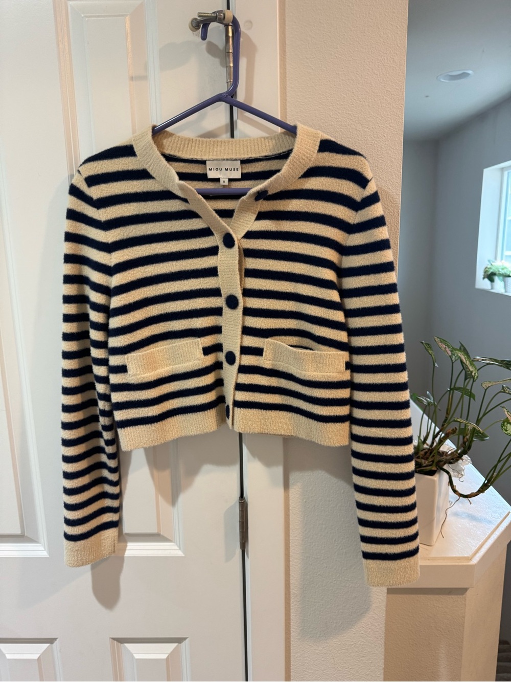 Miou Muse Cream and Navy Striped Cropped Cardigan Sweater
